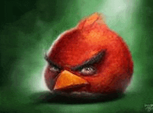 a painting of a red angry bird with a green background .