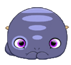 a purple cartoon turtle with purple eyes and a sad look on its face .