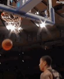 a basketball going through a hoop with the word ming on the bottom right