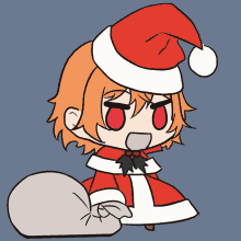 a cartoon of a girl wearing a santa hat and holding a bag