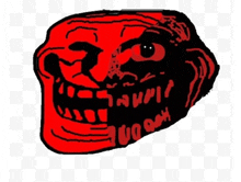 a drawing of a red troll face with a black mouth and teeth on a checkered background .