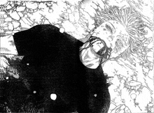 a black and white drawing of a man laying on the ground with blood coming out of his mouth .