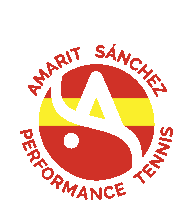 a logo for amarit sanchez performance tennis with a red and yellow circle