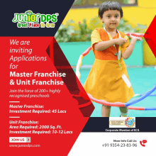 an advertisement for junior dps great place to grow shows a little girl holding a hula hoop