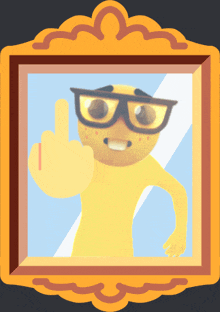 a picture of a yellow character with glasses giving the middle finger