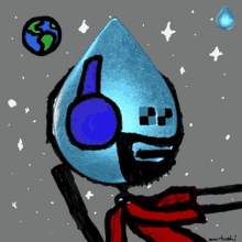 a drawing of a water drop with headphones and a red scarf