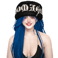 a woman with blue hair is wearing a black hat that says ' good ' on it