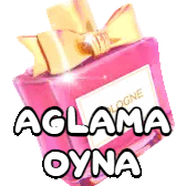 a pink bottle of perfume with a gold bow and the words aglama oyna on it