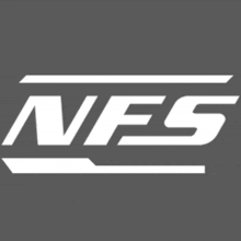 a black and white nfs logo on a gray background