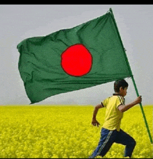 a young boy is running in a field holding a green and red flag .