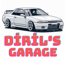 a drawing of a white car with the words " diril 's garage " above it