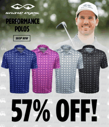 an advertisement for snake eyes performance polos with a man holding a golf club behind them