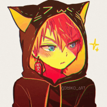 a drawing of a person wearing a cat eared hoodie with the name gomiko_art on the bottom