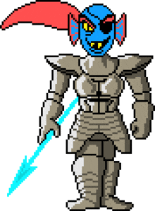 a pixel art of a knight with a blue head and a blue sword