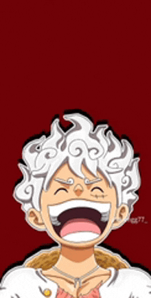 a cartoon character with white hair and a red background is laughing .