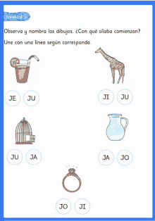 a worksheet with a giraffe a pitcher a bird cage and a ring