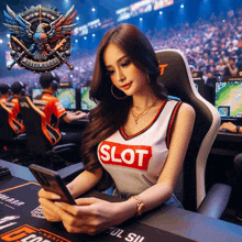 a woman wearing a slot jersey looks at her phone