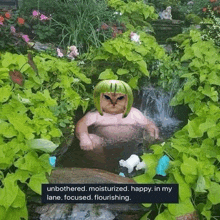 a cat wearing a watermelon headband is sitting in a pond surrounded by plants .