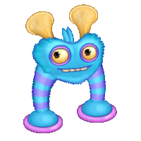 a blue and purple monster with yellow ears and a smile