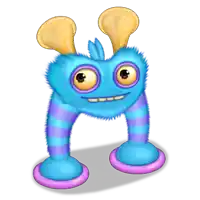 a blue and purple monster with yellow ears and a smile