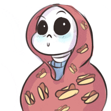 a drawing of a skeleton wrapped in a red blanket with nuts on it