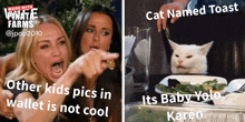 two women pointing at a cat named toast and other kids pics in wallet