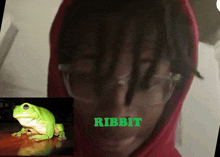 a picture of a frog next to a picture of a person with the word ribbit on the bottom