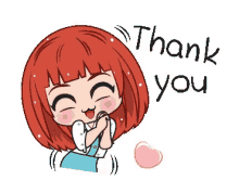 a cartoon girl with red hair is holding her hands together and says thank you