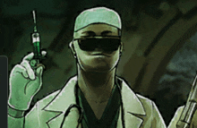 a doctor is holding a syringe in his right hand