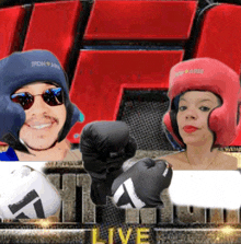 a man and a woman wearing boxing gloves and helmets with the word live in the corner