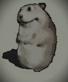 a pixelated image of a hamster with a shadow on the ground and a caption that says ask him