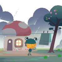 a frog in front of a mushroom house