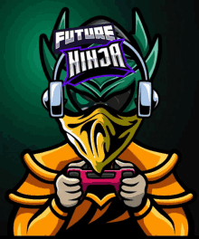 a cartoon drawing of a ninja holding a video game controller and wearing headphones