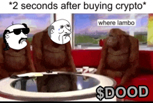 three monkeys are sitting around a table with a caption that reads " 2 seconds after buying crypto "