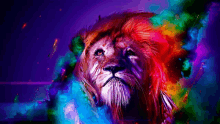 a colorful painting of a lion with a rainbow mane