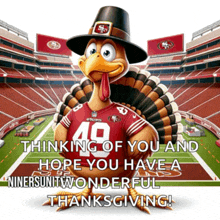 a picture of a turkey wearing a 49ers jersey and pilgrim hat