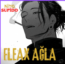 a black and white drawing of a man smoking a cigarette with the words fleax agla written below him