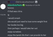 a screenshot of a discord conversation between adam eatspants and ig