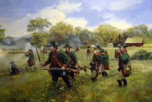 a painting of soldiers fighting in a field with a red barn in the background