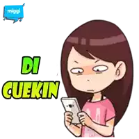 a cartoon of a girl looking at a cell phone with the words di cuekin behind her