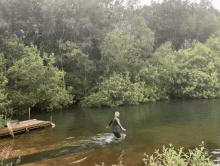 a person in a wetsuit is swimming in a lake