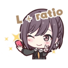 a cartoon of a girl holding a cell phone with the words l + ratio written above her .