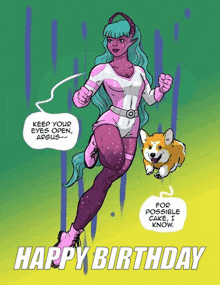 a cartoon of a woman in a superhero costume running with a dog on a birthday card .