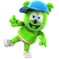 a green gummy bear wearing a blue hat and underwear giving a thumbs up