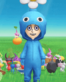 a cartoon character wearing a blue onesie with a flower on top