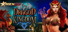 a woman with red hair is holding a dragon in front of a dragon kingdom logo