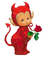 a baby in a red devil costume is holding a red rose