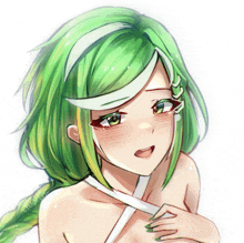 a drawing of a girl with green hair and a white top has the word clouds written on the bottom