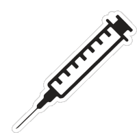 a black and white sticker of a syringe with a needle on a white background