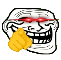 a troll face with red eyes and a yellow hand pointing at the camera